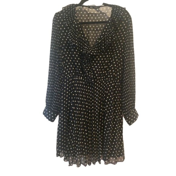 ZARA Dress  Polka Dot Peter Pan Collar Black White Sz XL Sheer Lined Long Sleeve - Picture 1 of 8
